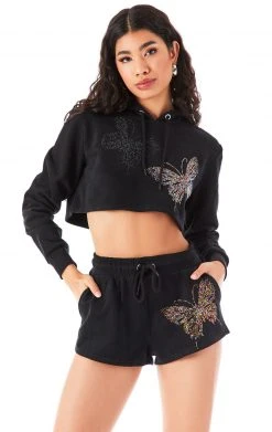 CARMAR SWEATSHIRTS RHINESTONE BUTTERFLY CROPPED HOODIE
