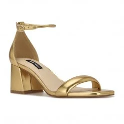 Nine West Gretal Ankle Strap Block Heel Sandals Metallic Mindset